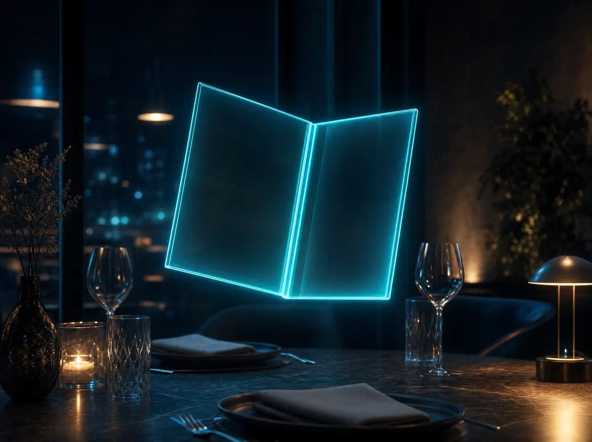 Laid restaurant table in the evening, above it floats an open menu made of glass glowing in cyan