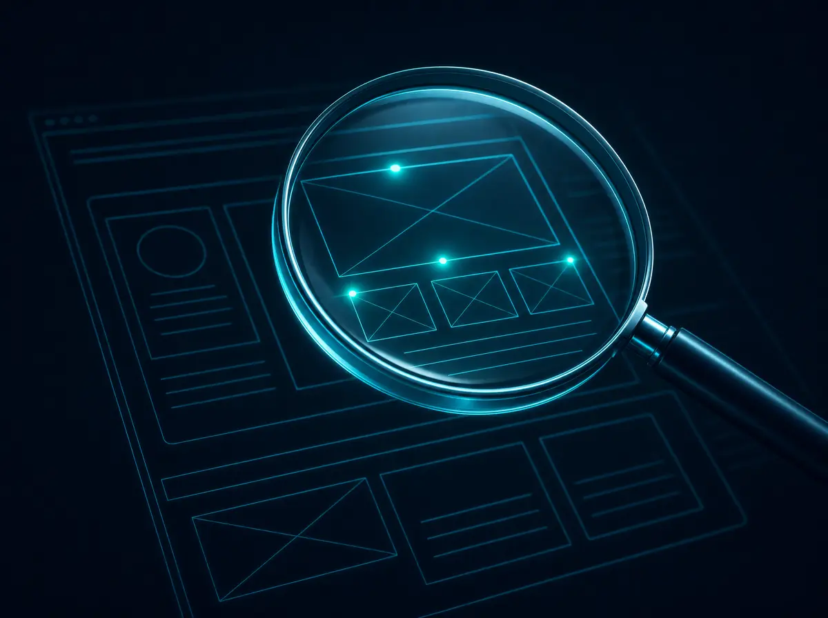 Lupe über einem Website-Entwurf, unter dem Glas leuchten Messpunkte