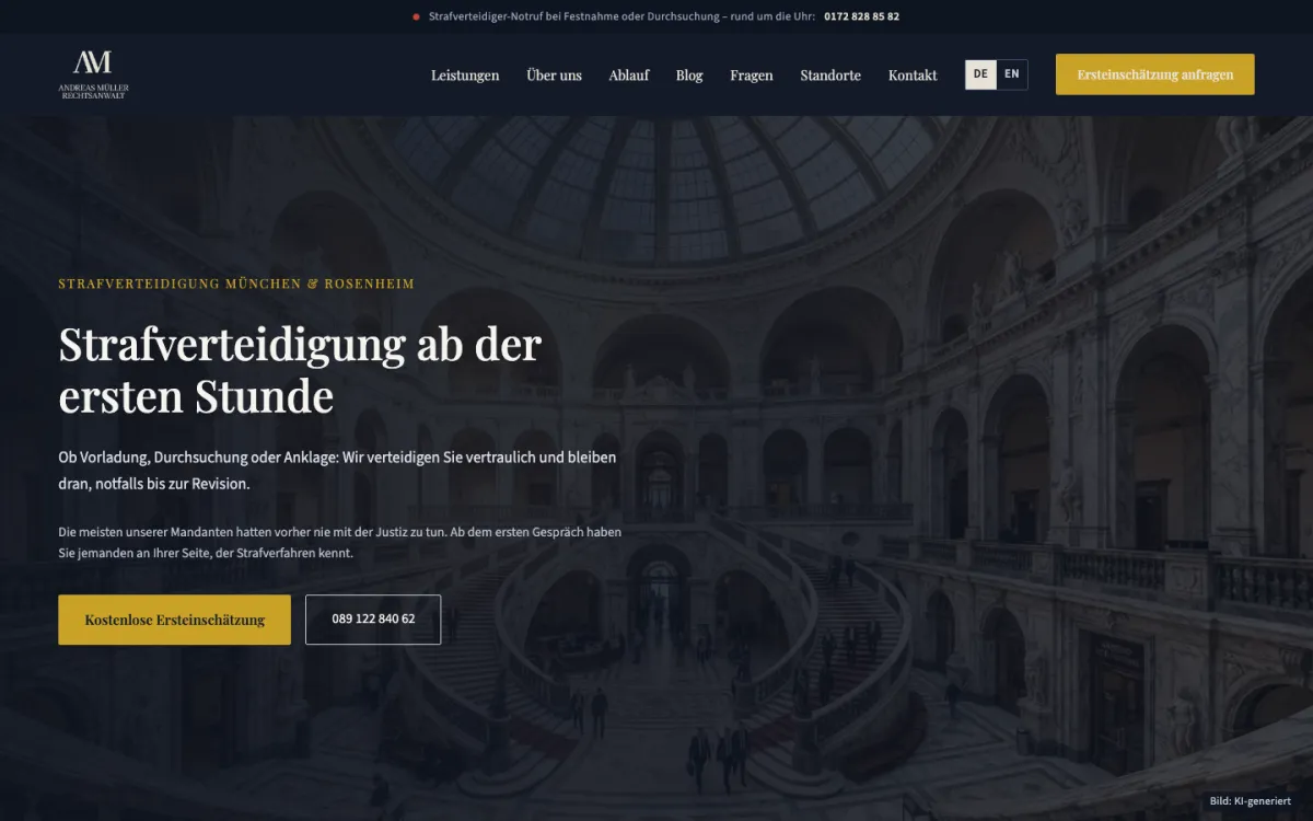 Home page of strafrecht-mueller.com: court hall in the background, headline “Strafverteidigung ab der ersten Stunde”