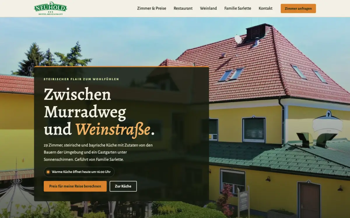 Home page of hotel-neuhold.at: yellow hotel building, heading “Between the Mur cycle path and the wine route”