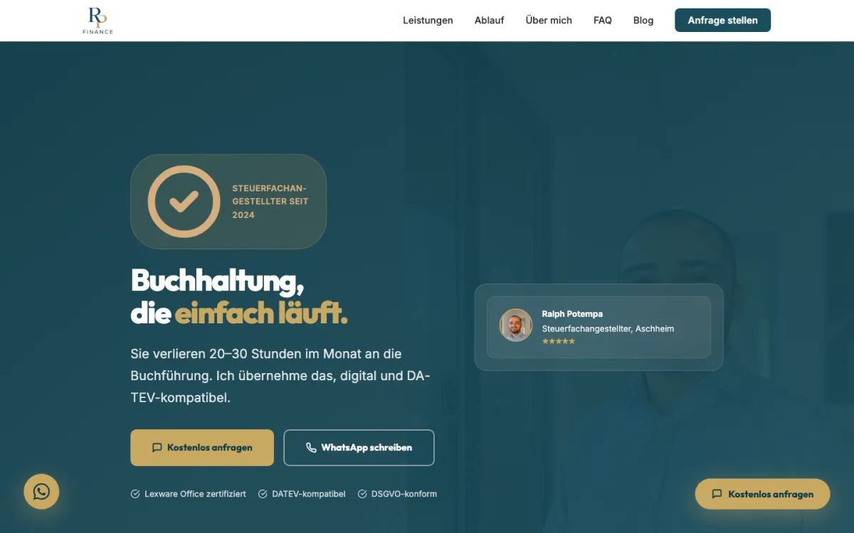 Startseite von rpfinance.org: petrolfarbener Hintergrund, Überschrift „Buchhaltung, die einfach läuft“