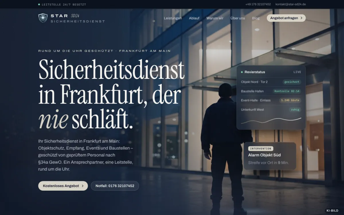 Startseite von star-sd24.de: Wachmann vor Glasfassade bei Nacht, Überschrift „Sicherheitsdienst in Frankfurt, der nie schläft“