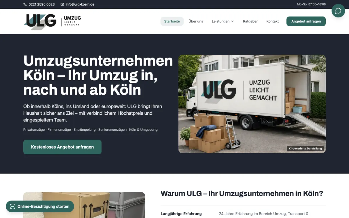 Startseite von ulg-koeln.de: Umzugswagen mit Kartons, Überschrift „Umzugsunternehmen Köln“